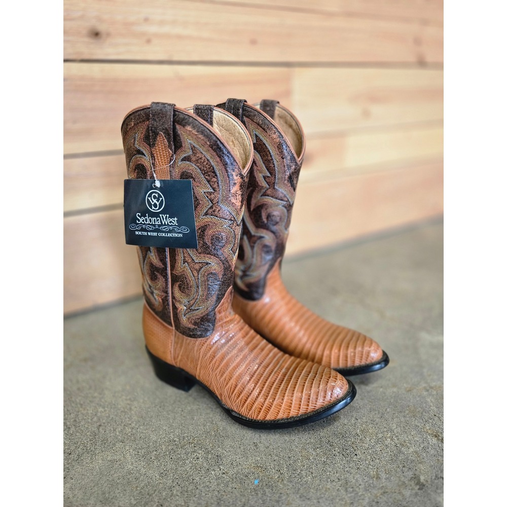 Sedona‎ West Lizard Print Embroidered Western Cowgirl Boots Brown 6.5 B